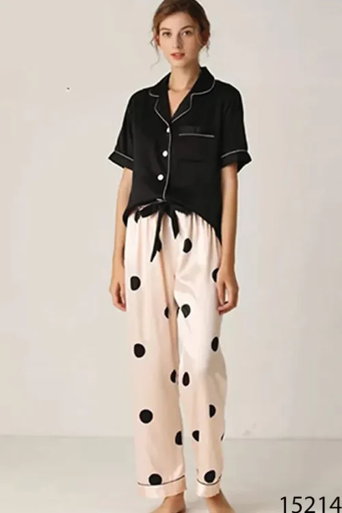 lace trim satin cami & polka dot pants pj set