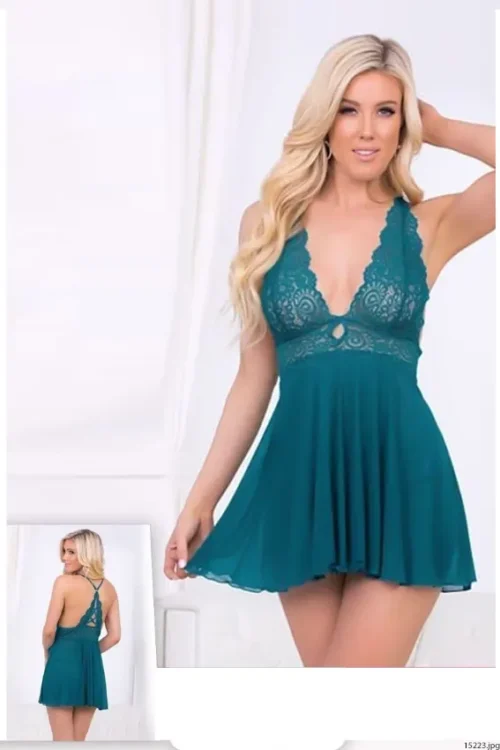 simple green baby doll with floral dantil