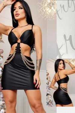 sexy leatherd lingerie with gold chain