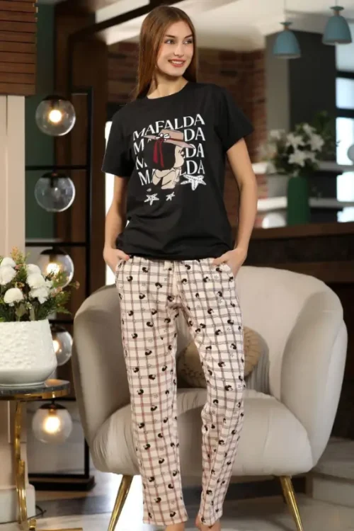 Black Top & Patterned Pants PJ Set - Image 2