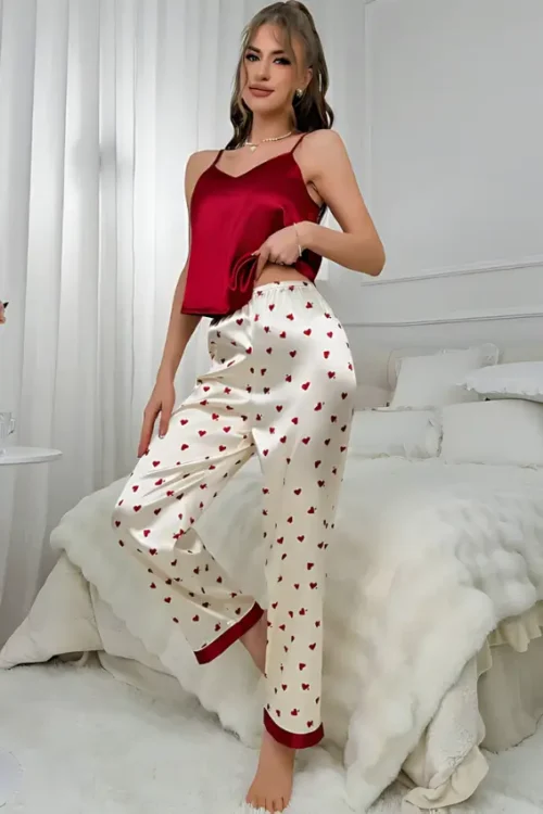 Cut Top & Heart Printed Pants PJ Set