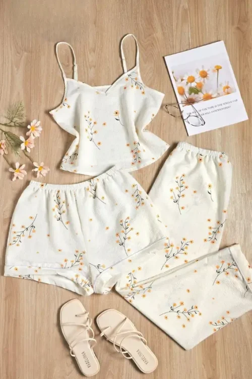 Cut Top & Mini Shorts + Pants PJ Set (3 piece)