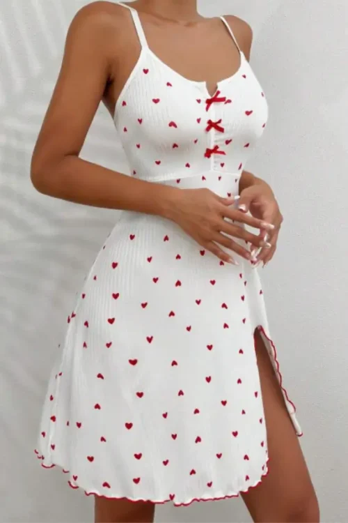 Heart Print Bow Front Slit Nightgown - Image 2