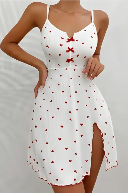 Heart Print Bow Front Slit Nightgown