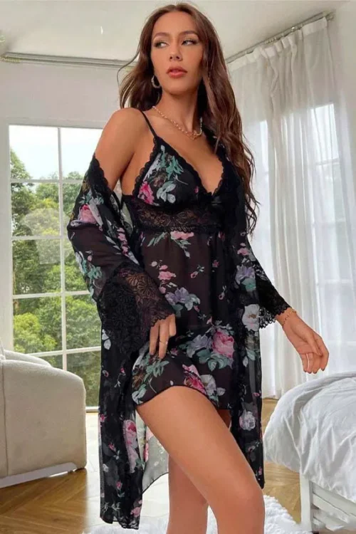 floral lingerie with floral robe - Image 3
