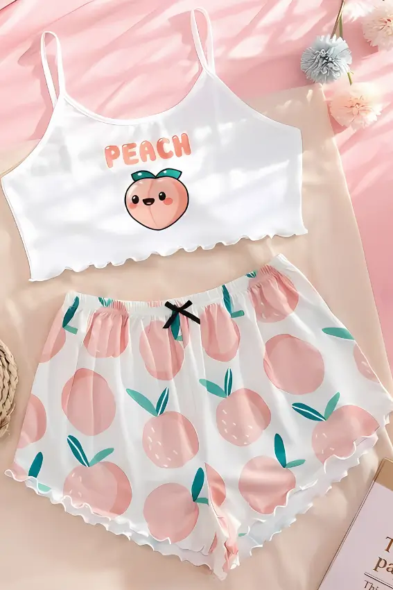 Peach Print Cut Top & Short Shorts PJ Set