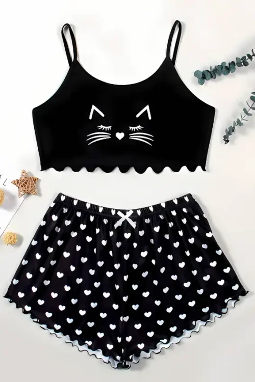 Cut Top & Heart Print Shorts PJ Set
