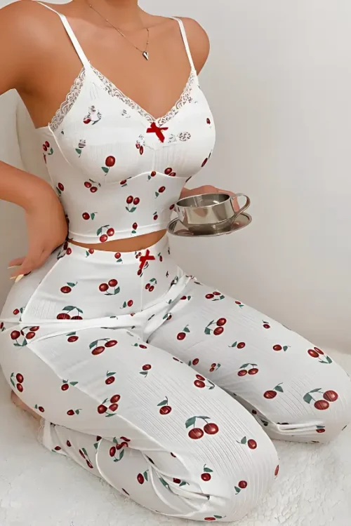 Cherry Print Cut Top & Pants PJ Set - Image 3