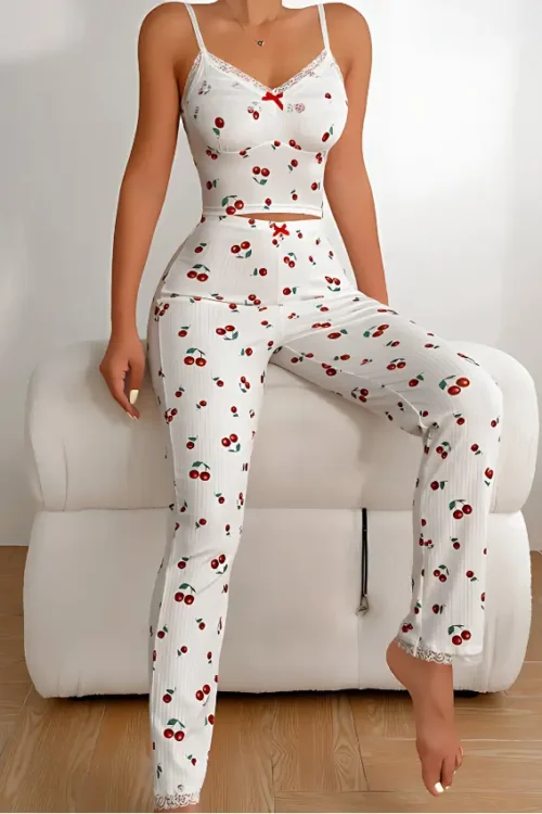 Cherry Print Cut Top & Pants PJ Set