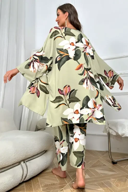 Floral Print PJ With Cut Shirt Set (3 Pc) - Image 2