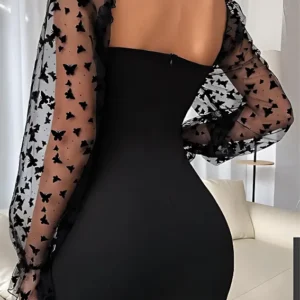 Black Midi Dress With Ruffled Patterned Sleeves