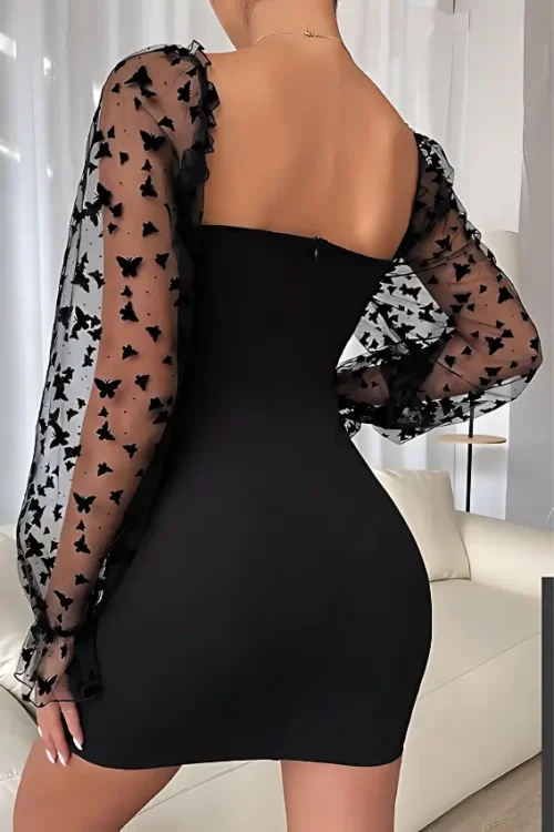 Black Midi Dress With Ruffled Patterned Sleeves - Image 3