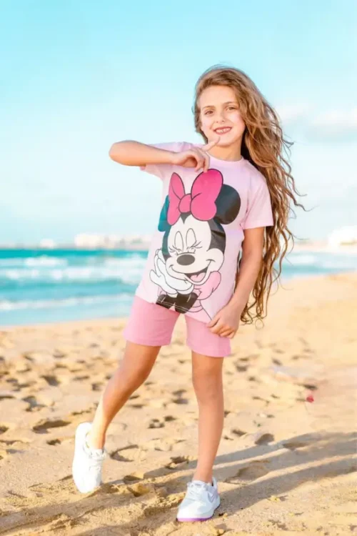 Minnie Mouse Print Short Sleeve T-Shirt & Shorts Girls Outfit