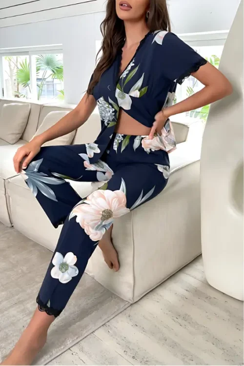 Floral Print Lace Trim PJ Set - Image 3