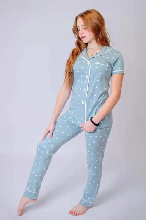 Heart Print Button Up Girls PJ Set