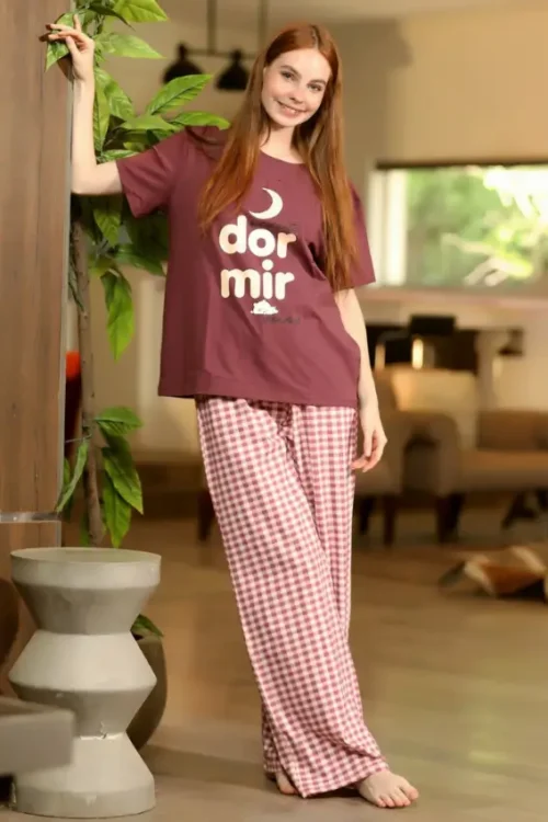 Loose Short Sleeve Shirt and Checkered Pants PJ Set