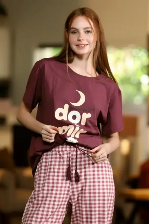 Loose Short Sleeve Shirt and Checkered Pants PJ Set - Image 2
