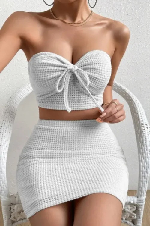 Waffle Grid Front Knot Strapless Top And Skirt Set - Image 3