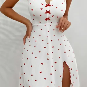 Heart Print Side Slit Night Dress