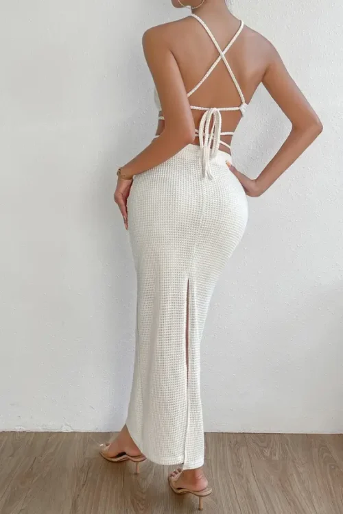 Criss Cross Tie Backless Halter Top & Mermaid Hem Skirt - Image 3