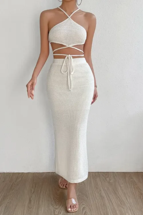 Criss Cross Tie Backless Halter Top & Mermaid Hem Skirt