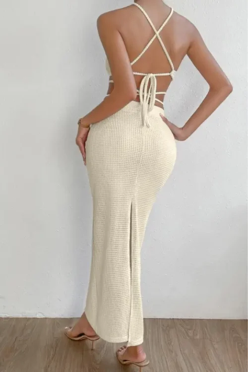 Criss Cross Tie Backless Halter Top & Mermaid Hem Skirt - Image 6