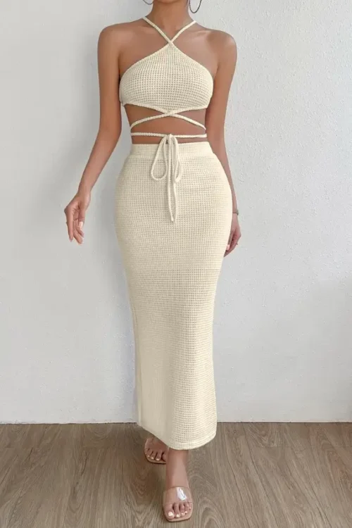 Criss Cross Tie Backless Halter Top & Mermaid Hem Skirt - Image 4