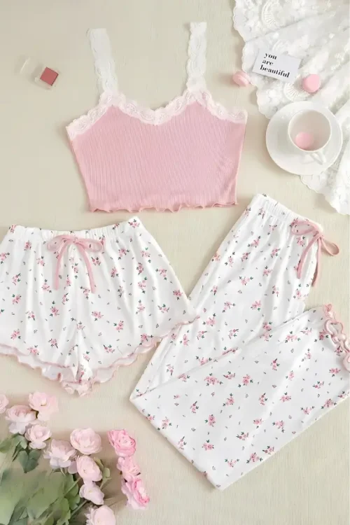 Cut Top & Floral Print Shorts & Pants (3 pc)