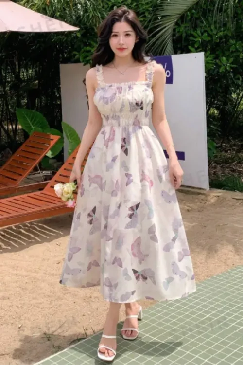 Butterfly Print Sleeveless Maxi Dress