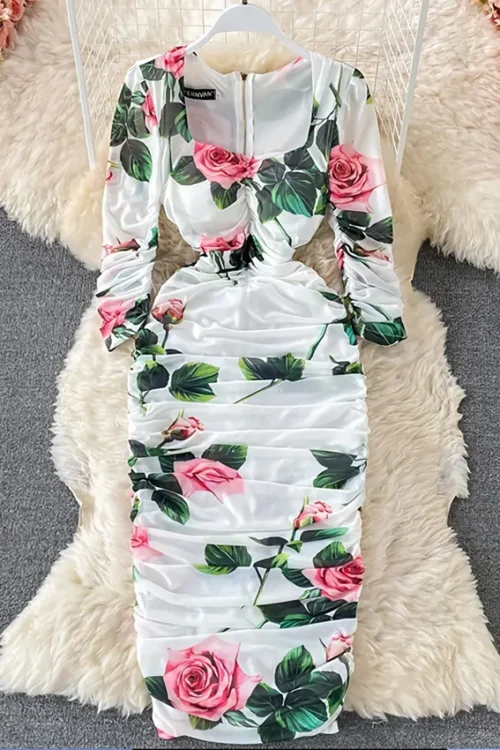 Floral Long Sleeve Ruched Dress