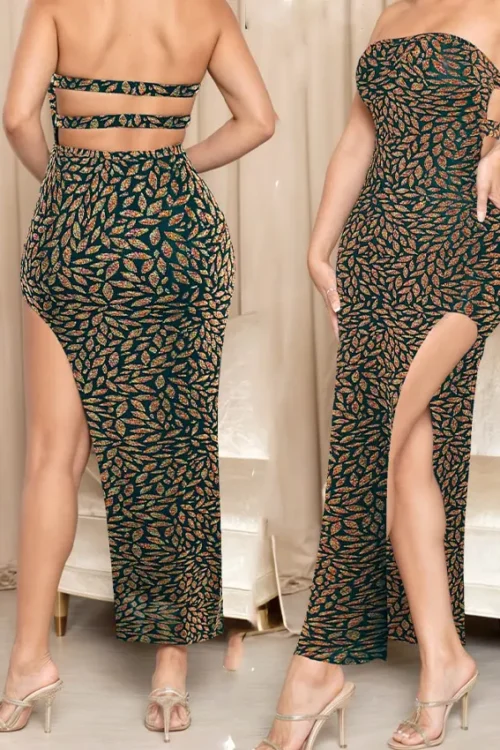 Strapless Leaf Print Maxi Dress