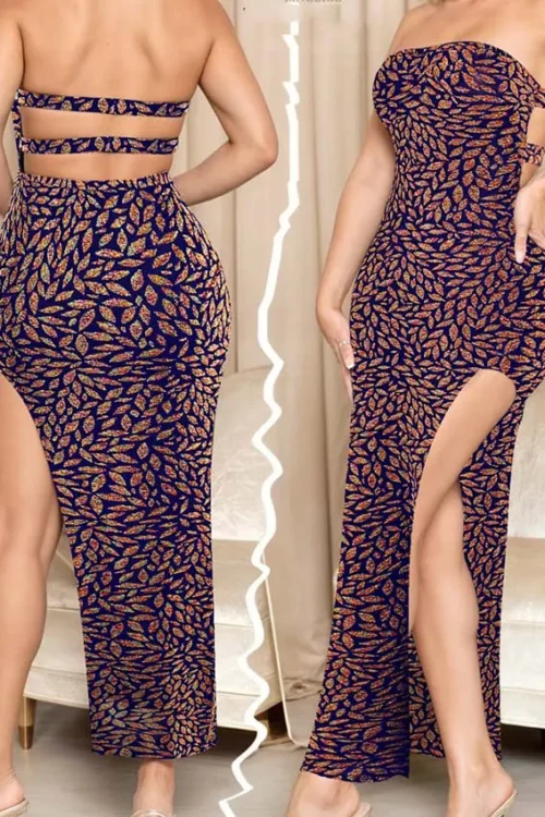 Strapless Leaf Print Maxi Dress - Image 3