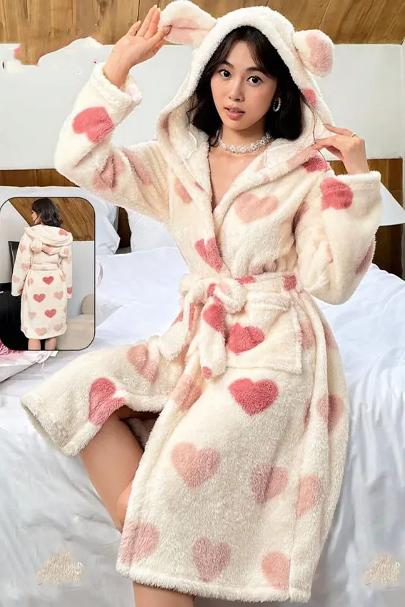 Cozy Heart Patterned Hooded Robe – Adam Store
