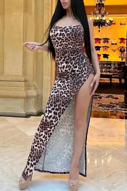 Leopard Print Asymmetric Maxi Dress