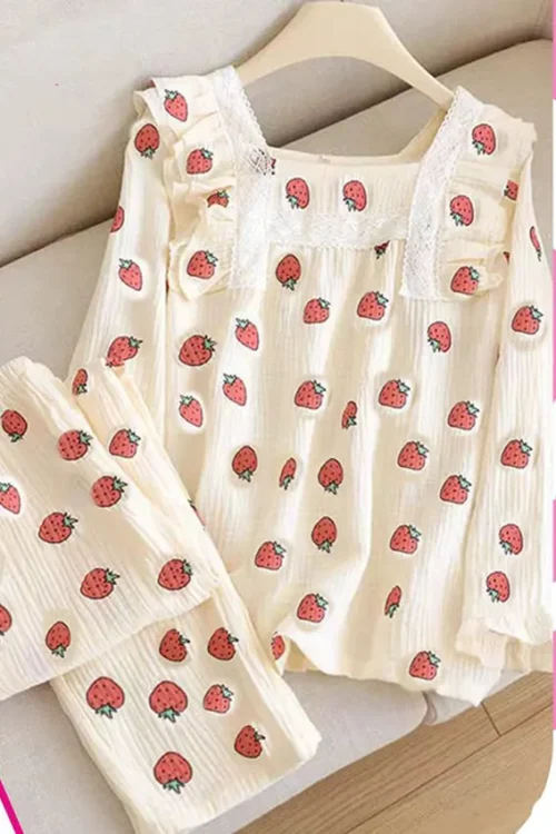 Strawberry Print Long Sleeve Pajama Set