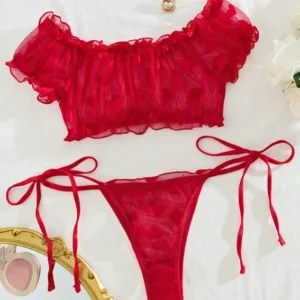 Sheer Polka Dot Off-Shoulder Bikini