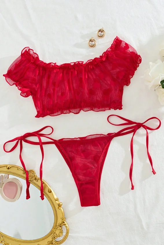 Sheer Polka Dot Off-Shoulder Bikini