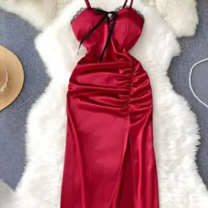 Elegant Satin Dress with Lace Detailing