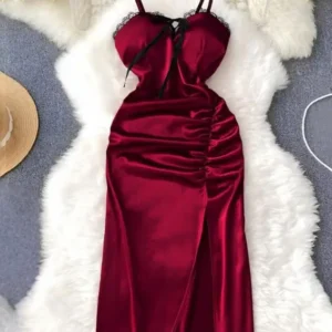 Elegant Satin Dress with Lace Detailing