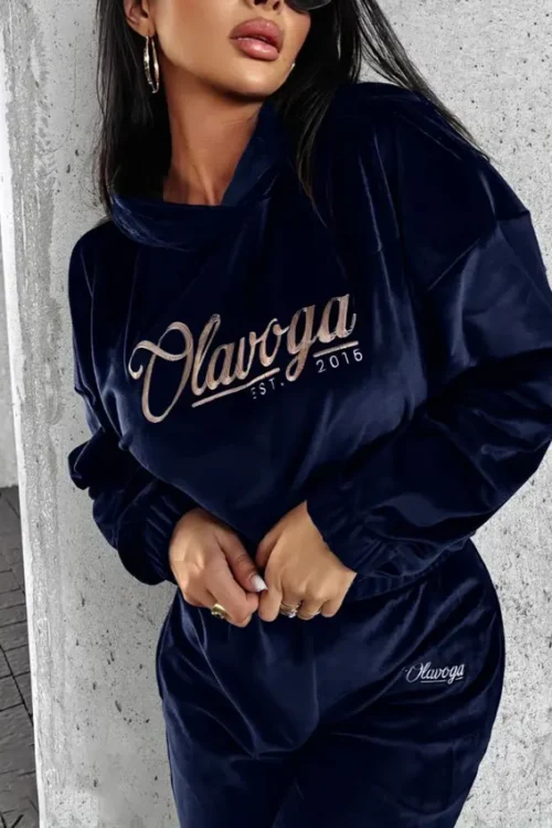 Navy Velour Long Sleeve Tracksuit