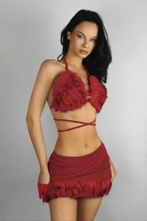 Red Furry Halter Skirt Set