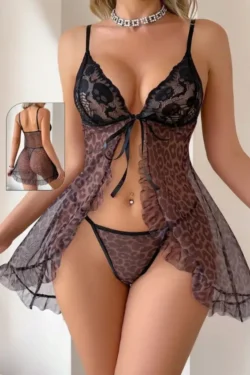 Leopard Mesh Sleeveless Lingerie Set
