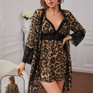 Leopard Print Lace Trim Robe