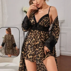 Leopard Print Lace Trim Robe