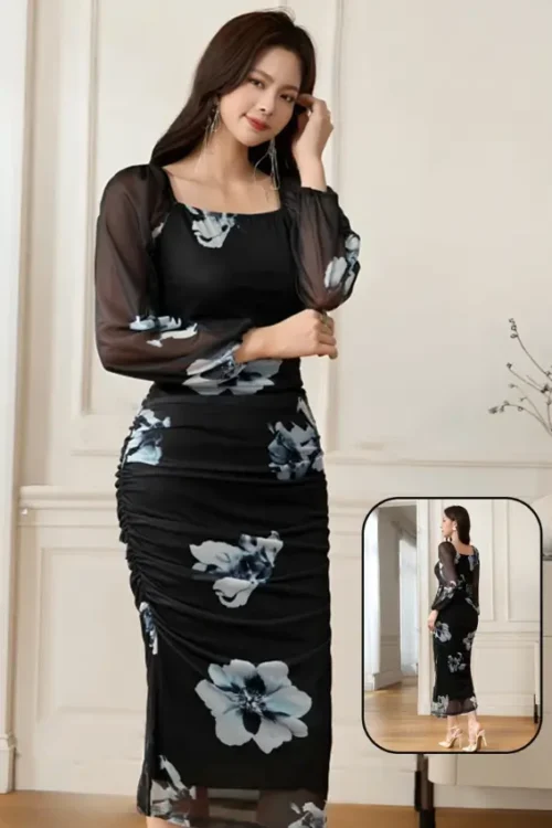 Elegant Floral Long Sleeve Dress - Image 3