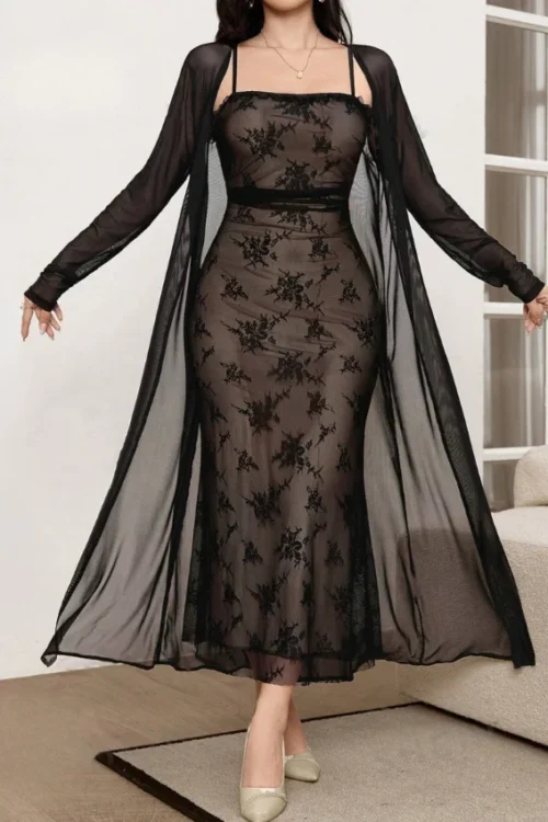 Elegant Floral Lace Dress with Sheer Cardigan - Image 3