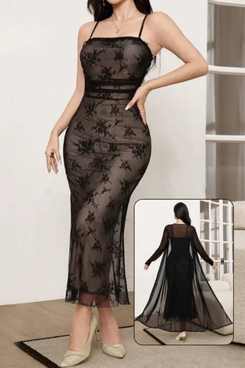 Elegant Floral Lace Dress with Sheer Cardigan - Image 4