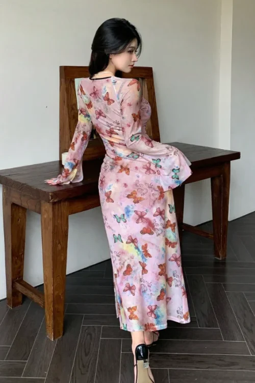 Elegant Butterfly Pattern Long Sleeve Dress - Image 4