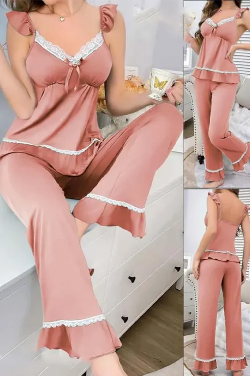 Lace Trim Sleeveless Pajama Set - Image 3