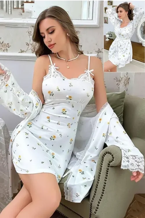 Floral Lace Trim Sleep Dress Set